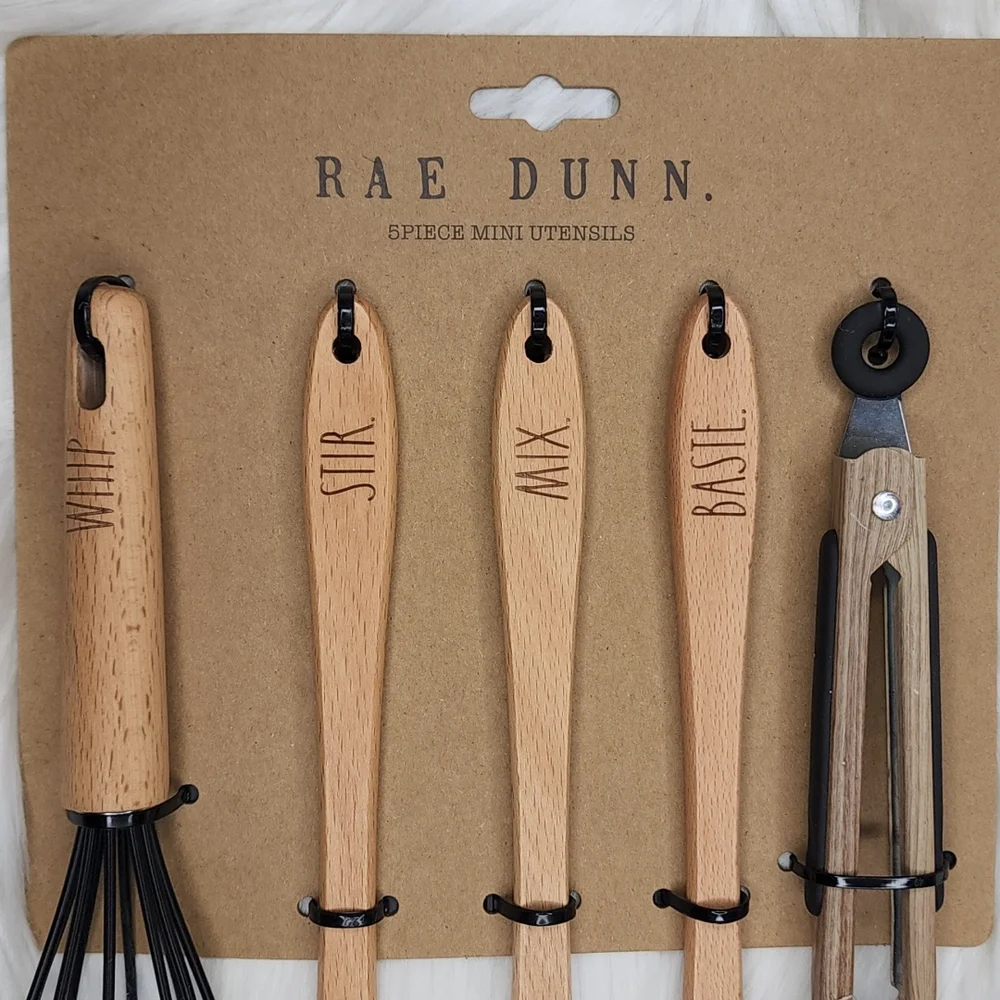 Rae Dunn 5 Piece Mini Kitchen Utensils Set Wood Black Silicone